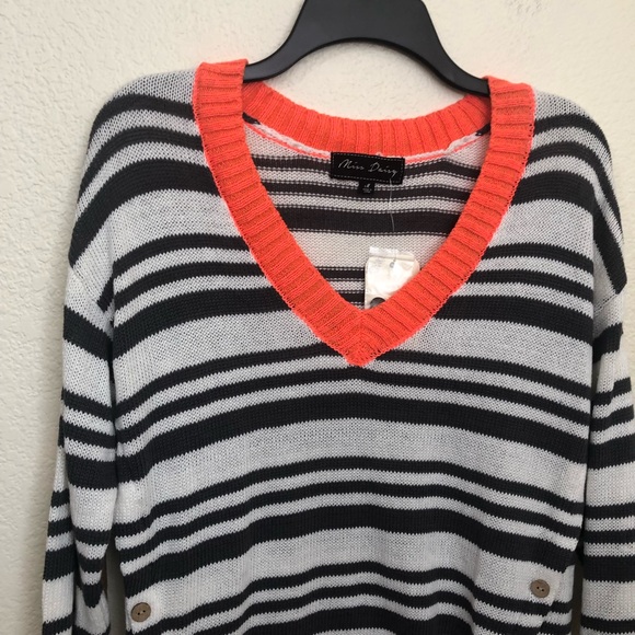 Miss Daisy Womens Medium V-Neck Sweater Elbow Patch Knit Striped NWT - Picture 2 of 14